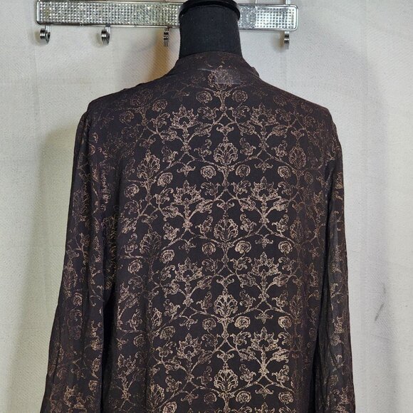 Chico's Dark Brown Gold Silk Foil Sheer Floral Print LS Blouse Chico Sz 3 US XL - Picture 12 of 16